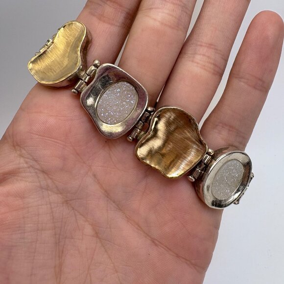 VTG Two Tone Sterling Silver 925 Slab Druzy Abstract Chain Bracelet 7.5" Length - Picture 8 of 16